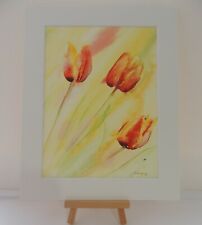 Flores de tulipán. Pintura montada original, arte directo del artista con montura segunda mano  Embacar hacia Mexico
