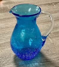 Retro hand-blown crackle glass pitcher miniature, blue with clear applied handle for sale  Shipping to South Africa