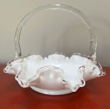 Vintage Fenton Silver Crest Milk Glass Clear Ruffled Edge Handled Bowl. for sale  Shipping to South Africa