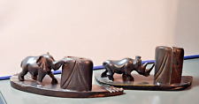 Set of 2 Carved Wood Pen Pencil Holder Desk Organizer Elephant Trunk Up & Rhino for sale  Shipping to South Africa