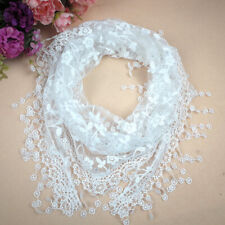 White Lace Tassel Sheer Metallic Burnt-out Floral Print Triangle Scarf Shawl for sale  Shipping to South Africa