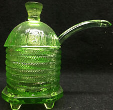 Green Vaseline glass bee hive Honey pot / mustard jar dipper spoon uranium dish  for sale  Shipping to South Africa