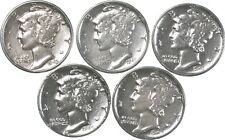 Lot (5) AU/Unc 1943, 1941, 1943, 1942, 1942 Mercury Silver Dimes Collection *705, used for sale  Frederick