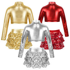 Kids Girls Dancewear Sequins Costume Metallic Dance Outfits Two-Piece Set Shiny for sale  Shipping to South Africa