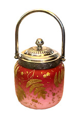 Art Glass Cracker Biscuit Jar Cased Satin Glass, Silver Top raised gold ferns for sale  Shipping to South Africa
