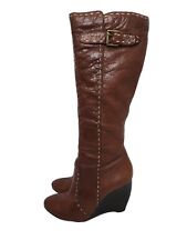 DIBA COGNAC BROWN WEDGE HEEL  KNEE HIGH ALMOND TOE BUCKLE LEATHER BOOTS 7  for sale  Shipping to South Africa