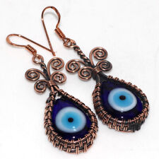 Brincos de cobre étnico azul olho mau envoltos em fio feitos à mão joias 2,4" JW, usado comprar usado  Enviando para Brazil