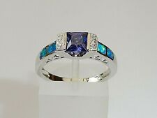 Ladies 925 Solid Silver Princess Cut Tanzanite Solitaire With Opal Accents Ring for sale  Shipping to South Africa