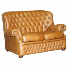 NICE SMALL 142CM WIDE CHESTERFIELD TAN BROWN LEATHER TUFTED SOFA WITH HIGH BACK, used for sale  Shipping to South Africa