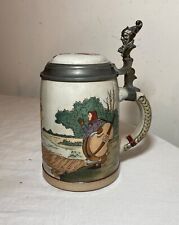 antique handmade German Mettlach painted pottery pewter lidded beer stein mug for sale  Shipping to South Africa