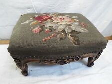 Early Needlepoint Cross Stitch Top Carved Wood Base Foot Stool Bench Rest Floral, used for sale  Shipping to South Africa