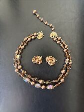 Crown Trifari Set Double Smoke Aurora Borealis Gold Tone Necklace/Clip Earrings, used for sale  Shipping to South Africa