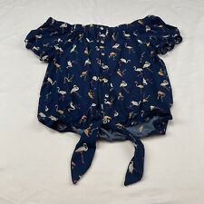 Twine & String Shirt Womens Medium Blue Flamingo Boat Neck Cropped Knot Top Soft for sale  Shipping to South Africa