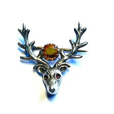 Antique Sterling Silver Citrine Paste Stag Brooch with Red Enamel Eyes for sale  Shipping to South Africa