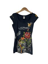 Usado, Camiseta Feminina Floral Don Ed Hardy por Christian Audigier Y2K Decote V Preta GG comprar usado  Enviando para Brazil