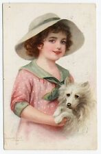 LITTLE GIRL AND POMERANIAN OLD DOG ART POSTCARD FROM 1915 for sale  Shipping to South Africa