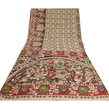 Sanskriti Vintage Sarees Ivory Handmade Kalamkari Print Pure Cotton Sari Fabric for sale  Shipping to South Africa