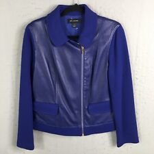 St John Sweater Jacket Womens 10 Royal Blue Wool Leather Full Zip Moto Sporty for sale  Shipping to South Africa