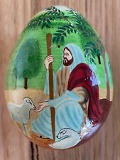 Caja de huevos de Pascua pintada de madera adorno con imagen de Jesús pastor y corderos segunda mano  Embacar hacia Argentina
