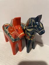 2 Vintage Miniature Akta Dala Horses One with label Blue / Orange Swedish Wooden for sale  Shipping to South Africa