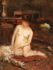 JEAN PIERRE CARRÉ (1872-1947) FIRMADO 1898 ÓLEO FRANCÉS SOBRE PANEL - NIÑA DESNUDA Y GATO segunda mano  Embacar hacia Argentina