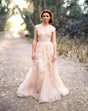Used, Champagne Lace V-Neck Cap Sleeve Wedding Dress Size 14 for sale  Shipping to South Africa