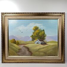Original Vintage Landscape Oil On Canvas Painting Signed 1984 Gold Frame Cottage for sale  Shipping to Canada