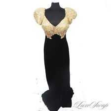 INSANE Vintage 1980s Alyce Black Velvet Gold Crinkle Foil Embroidered Gown 16 NR, used for sale  Shipping to South Africa