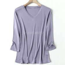 Women V-Neck Knitted Silk Tops Mulberry Silk 3/4 Sleeve Pullover T-Shirt Tee til salg  Sendes til Denmark