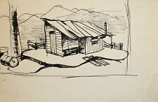 Vintage expressionist ink painting landscape shack hut for sale  Shipping to Canada