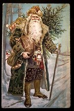 Usado, Vestido Largo Elegante Verde Santa Claus con Árbol~Juguetes Antigua Postal de Navidad~h577 segunda mano  Embacar hacia Argentina