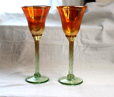 Rick Strini signed Art Glass Tulip Wine Goblets Iridescent Gold Green Set / 2 for sale  Shipping to South Africa