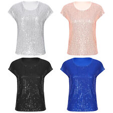 Blusa feminina lantejoulas brilhantes manga curta gola redonda festa clubwear, usado comprar usado  Enviando para Brazil