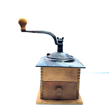 Vintage Primitive Hand Crank Coffee Grinder Cast Iron & Dovetail Light Wood Base, used for sale  Shipping to South Africa