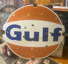 Large 14” GULF Service Station Oil Gas ⛽️ Pump Plate Porcelain Metal Sign for sale  Shipping to Canada