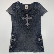 Vocal Womens Black Acid Wash Rhinestone Cross Designer Shirt Size Small, used for sale  Shipping to South Africa