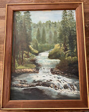 Used, large landscape waterfall forest wood vintage framed original oil painting for sale  Shipping to Canada