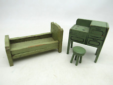 Vintage Green Wooden Dollhouse Furniture Primitive Antique Bed Stove Stool for sale  Shipping to South Africa