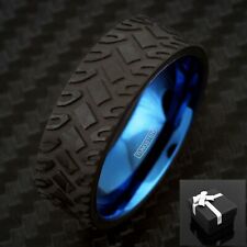 Usado, Jeep pista de neumáticos negra de fibra de carbono de 8 mm con anillo de banda de boda azul de tungsteno para hombre segunda mano  Embacar hacia Argentina