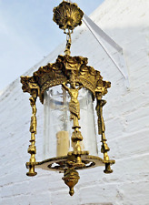  Linterna de bronce antigua grande, figura, vidrio grabado, vestíbulo, español, francés segunda mano  Embacar hacia Argentina