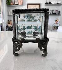 ANTIQUE SMALL FOOTED PEWTER & BEVELLED GLASS HINGED TRINKET BOX w/ MIRROR BASE for sale  Shipping to South Africa