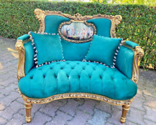 Elegant 1990's French Louis XVI Corbeille Settee: Gold Leaf Beech & Green Velvet, used for sale  Shipping to South Africa