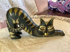 Vintage Laurel Burch Wooden Striped Hand Painted Funky Quirky Cat Figurine 8.5” for sale  Shipping to South Africa
