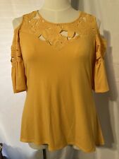 NEW Nygard Women Sz L Mustard Yellow Floral Cutout Lace Cold Shoulder Top, used for sale  Shipping to South Africa