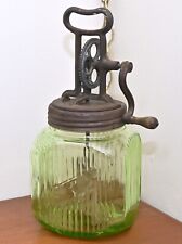 Vintage Green Depression Glass Ribbed Jar Cannister w/ Butter Churn Wood Paddle, used for sale  Shipping to Canada