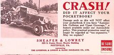 Sheafer & Lowrey Insurance Auto Insurance Co. Pottsville PA Advertising Blotter for sale  Shipping to South Africa