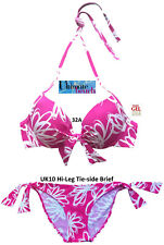 Debenhams Hot Pink Print Liquid Gel Padded push-up Halter Bikini 32A + 10 Brief for sale  UK
