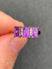 9ct gold three stone emerald cut amethyst & diamond ring, art deco design 9k 375 for sale  Shipping to South Africa