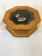 Vintage Wooden Oak Veneer Jewelry Box with Flowers on Glass Octagon 6 3/4” G for sale  Shipping to South Africa