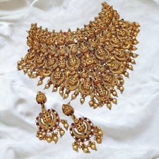 Indian Bridal Temple Jewelry Wedding Gold Plated Choker Necklace Earring Set for sale  Shipping to South Africa